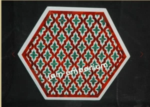 18'' white Marble Table Top center Coffee side malachite Inlay pietra dura decor - Picture 1 of 4