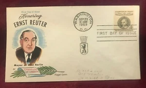 JOHN'S DEALS - US - 1959 FDC SC #1136 4c ERNST REUTER - FLUEGEL CACHET - Picture 1 of 2