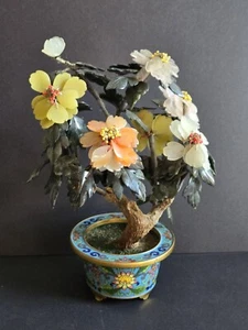Antique Chinese Export Jade Carnelian Quartz Tree Cloisonne Jardiniere - Picture 1 of 18