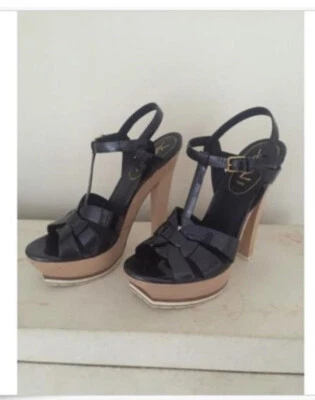 YSL Tribute Blue Platform Patent Leather Sandals Size 38.5 Heel Is 5” - Image 1 of 4