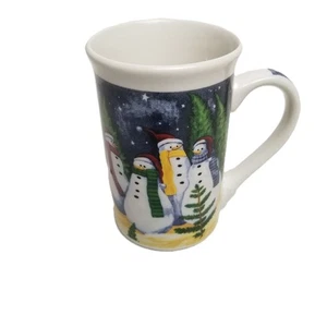 Ceramic Snowman Coffee Mug Colorful Hand Painted Scene Starry Night Trees - Picture 1 of 8