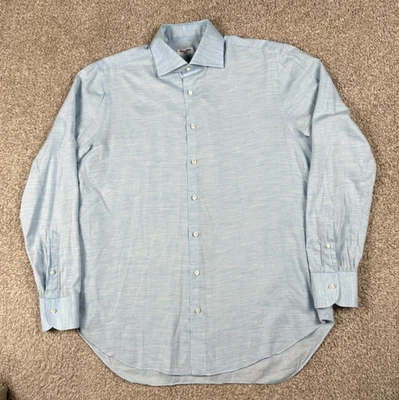 Cesare Attolini Napoli Shirt Men 17 43 Blue Button Up Long Sleeve Cashmere Blend - Image 1 of 4