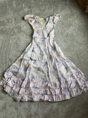 Antiguo Vestido Aleta Años 20 Algodón Transparente Gasa Volantes Fruncido Floral Rosa Foto 1 de 4