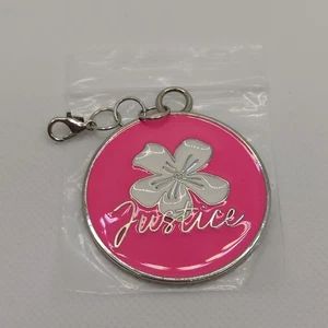 "Justice" Enamel Charm Keychain, Pink w/ White Flower Pendant, Silver Tone - Picture 1 of 3
