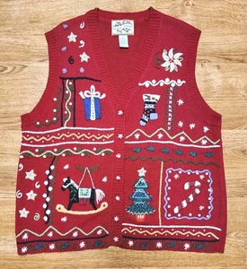 Maglione gilet vintage cimelio da collezione donna XL Natale inverno anni 90 Y2K - Foto 1 di 9