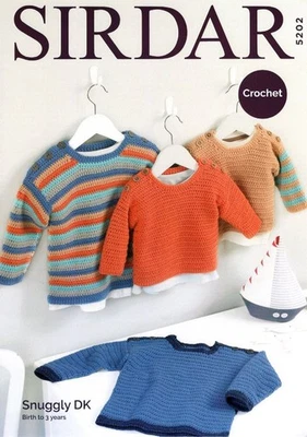 Sirdar Snuggly Baby DK Crochet Pattern - 5202 Baby Crochet Sweaters 4 Colourways