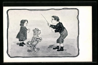 Künstler-AK Xavier Sager: Kinder bringen einem Hund das Männchen machen bei  - Bild 1 von 2