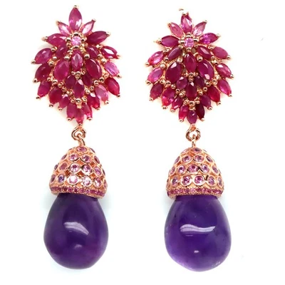 925 Silver 10 x 13 MM. Purple Amethyst, Red Ruby & Pink Sapphire Earrings - Image 1 of 4