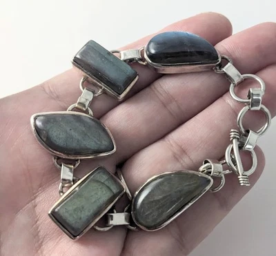 Sterling Silver Statement Labradorite Curved Tear Drop Toggle Link Bracelet  - Image 1 of 4
