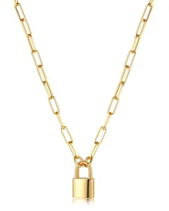 18k Dainty Gold Plated Paperclip Link Chain Necklaces for Women with Lock Pen... - Picture 1 of 6