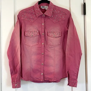 DG2 Diane Gilman Distressed Pink Rhinestone Denim Shirt Light Jacket M Cowgirl - Picture 1 of 10