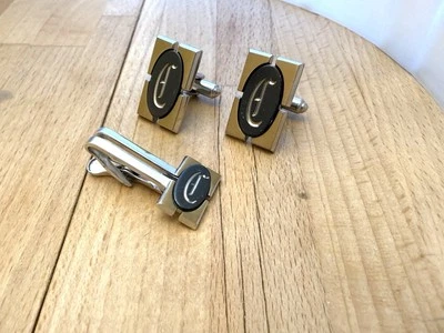 Vintage HICKOK Cufflinks and Tie Bar Set Two Tone C Monogram - Image 1 of 2