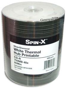 100-Pak Spin-X =WHITE THERMAL HUB/DIAMONDSILVER= 48X 80-Min CDR's