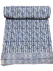 New Hand Block Print Kantha Bedspread Cotton Blanket King Size Coverlet Bedding - Picture 1 of 4