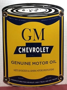VINTAGE GM CHEVROLET ORIGINAL MOTOR OIL GAS 11" PORZELLAN DOSE SCHILD - Bild 1 von 6