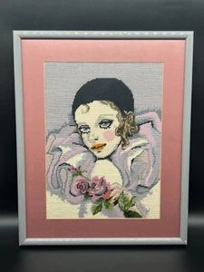 Vintage 1980s Pierrot Pierrette Framed Cross Stitch Needlepoint Artwork 55 x 44 - Picture 1 of 8