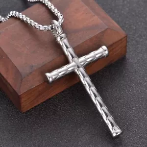Men Silver Cross Pendant Necklace Religious Christian Catholic Jewelry Chain 24" - Picture 1 of 4