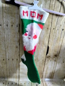 Vtg Mom Mid Century Hand Knit CHRISTMAS STOCKING 'MOM’ - Picture 1 of 5