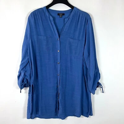 Camisa túnica mujer Cocomo 2X azul manga acanalada botón completo sin cuello elástica Foto 1 de 4