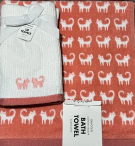 ENVOGUE BATH TOWEL SET ~ CUTE CATS ~ SALMON & WHITE COLOR ~ BRAND NEW! - Picture 1 of 3