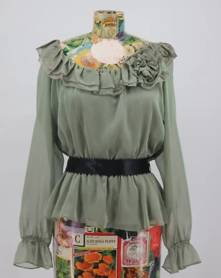 Camisa Blusa Vintage Años 90 Victor Costa Verde Cinta Negra Top Flor Rosa M #599 Foto 1 de 4