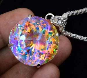 34Gm Natural Mystic Quartz 925 Sterling Silver Pendant With Chain Certified - Picture 1 of 6
