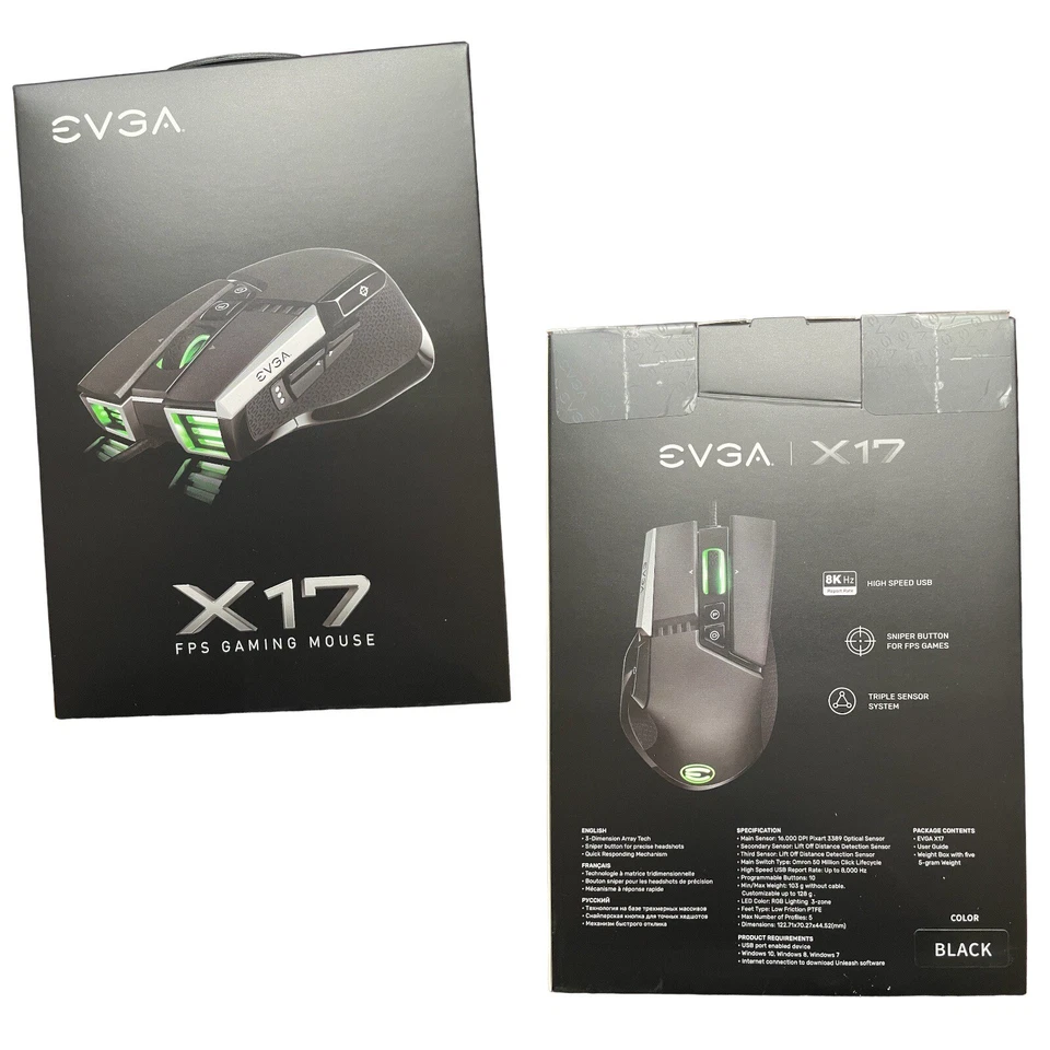 EVGA X17 Gaming Mouse 8k Wired Black Customizable 16000 DPI 5 Profiles 10 Button - Image 1 of 1