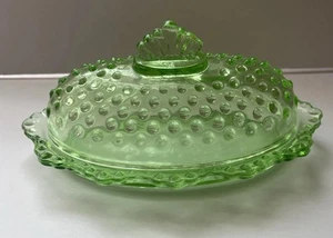 Vintage L.E. Smith Depression Era Green Glass Hobnail Oval Butter Dish & Lid - Picture 1 of 16