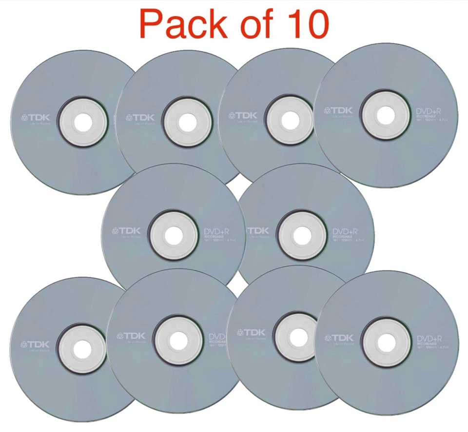 10 x Genuine TDK DVD+R Blank Discs 16x Speed  4.7GB 120 mins In Sleeves - Image 1 of 1