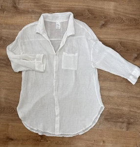 Kona Sol White Gauze Button Up Shirt Medium Coverup Top Cotton 3/4 Cuff Sleeve - Picture 1 of 14