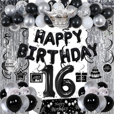 Decoraciones de cumpleaños 16 negro y plata para niños niñas, blanco y negro 16... Foto 1 de 4