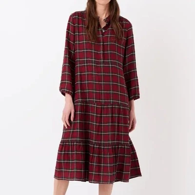 Brora Charcoal & Ruby plaid tiered shirt dress Sz 6 cottagecore lagenlook trendy - Image 1 of 4