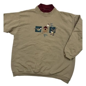 Vintage Morning Sun Embroidered Birdhouse Birds Mock Neck Sweatshirt Petite L - Picture 1 of 5