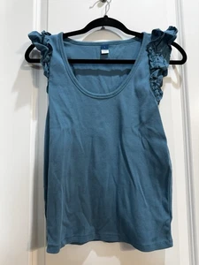 Old Navy Blue Sleeveless Tank Top Large Ruffled Sleeves Armpit To Armpit 18” - Picture 1 of 7