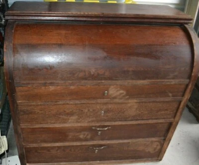 老式古董 1880 年代橡木维多利亚锡林德卷顶桌面/秘书/梳妆台 — 第 1/4 张图片