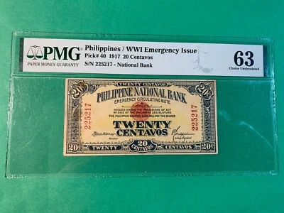 1917 PHILIPPINES NATIONAL BANK NOTE 20 CENTAVOS SN 225217 PMG CH UNC 63 P-40 - Image 1 of 2
