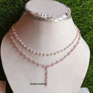 Natural Rose Quartz and White Pearl Rosary Necklace Gemstone Jewelry Gift Her - Picture 1 of 6