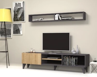 Amore TV unit with Wall Shelves - Grey/Oak up to 65-inch TV Laminated Melamine - Image 1 of 4