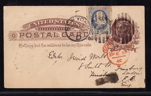 1886 US Postal Card UX8c Dark Chocolate - Jewish Messenger NY to Finsbury London - Picture 1 of 3