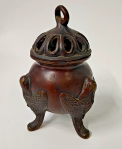 Antique Bronze Censer with Lid Three legs Birds - Picture 1 of 10