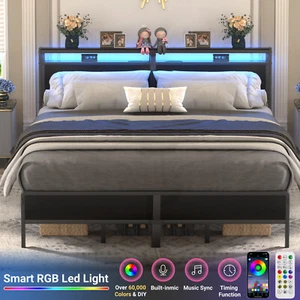Full/Queen/King Size Bed Frame with Headboard & Charging Station & RGB LED Light - Picture 1 of 20