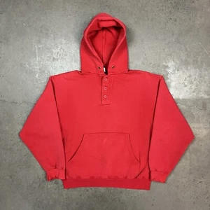 Vintage 90s Lands End Distressed Henley Neck Faded Blank Hoodie Sweatshirt Red S - Bild 1 von 10