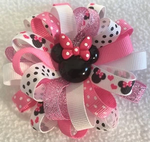 Girls Hair Bow 3 1/2" Wide Flower Pinks & Dots Minnie Grosgrain French Barrette - Picture 1 of 1