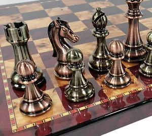 AS IS! - LARGE Copper & Gold Finish Staunton Chess Set 18" Cherry Color Board - Picture 1 of 10