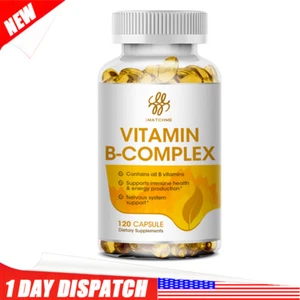 Vitamin B Complex 120 Capsules B1,B2,B3,B5,B6,B7,B9,B12, Immune Support Caps - Picture 1 of 7