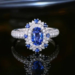 3.20Ct Oval Cut Blue Sapphire Diamond Halo Engagement Ring 14K White Gold Finish - Picture 1 of 9