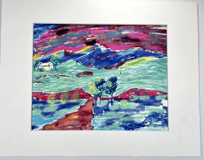 Винтажный красочный пляж горный пейзаж 11x14 дюймов рисунок деревенская хижина пирс закат - Изображение 1 из 4