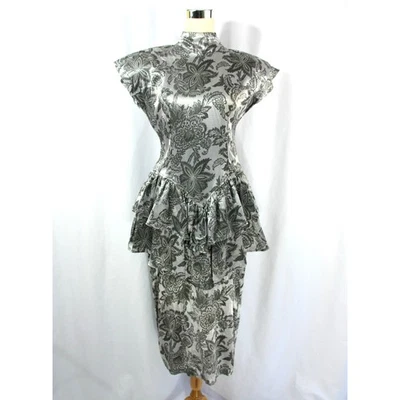 Vestido de Noche Vintage Plateado Satinado Floral Peplum en Niveles Midi S M Años 80 Foto 1 de 4