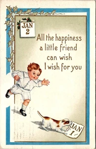 Postal Feliz Año Nuevo Saludo Niño Persiguiendo Cachorro Repujado Hecho por Whitney 1917 - Imagen 1 de 2