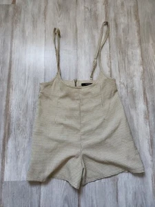Forever 21 Green Cream Houndstooth Short Overalls Suspenders Pockets Soft Sz S - Picture 1 of 11